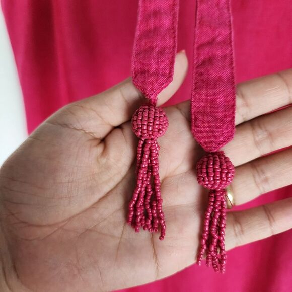 Chico's Pink Linen Midi Dress Embroidered Tassels Pockets Coastal Boho Sz 4-6 S - Picture 12 of 15